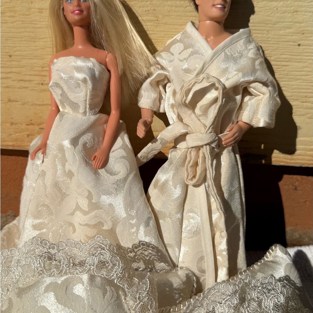 Handmade Elegant Cream Barbie Doll clothes and pillows with Lace Detailing